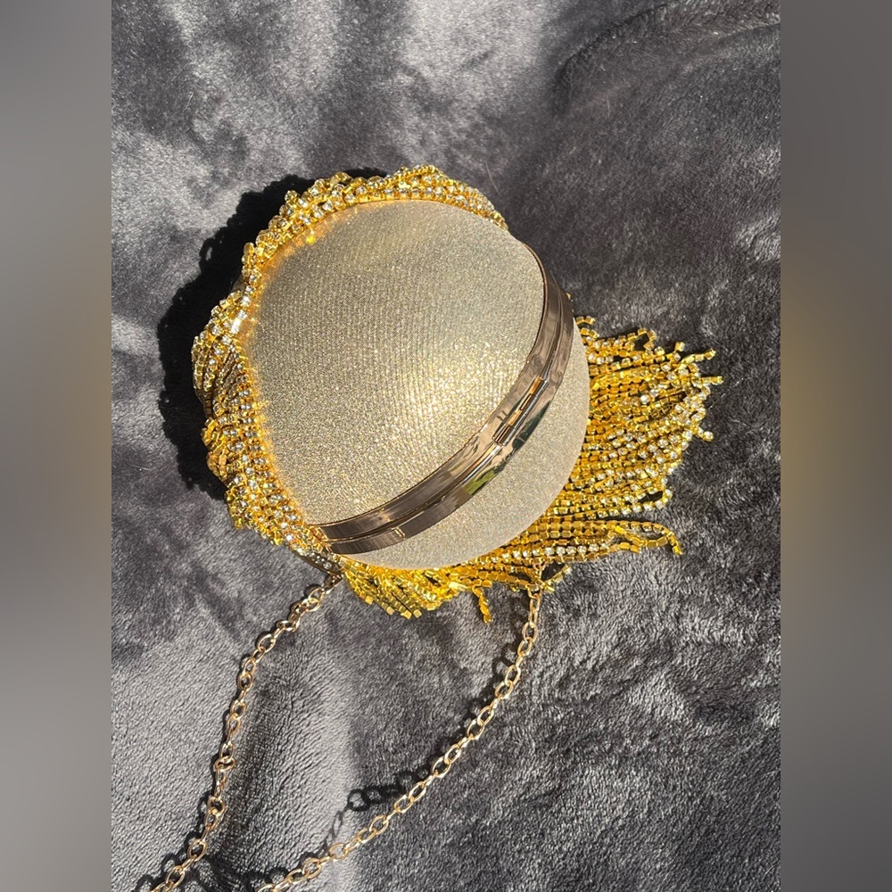 Rhinestone gold ball evening purse with tassels & ring handle. Holiday party. - Picture 7 of 9
